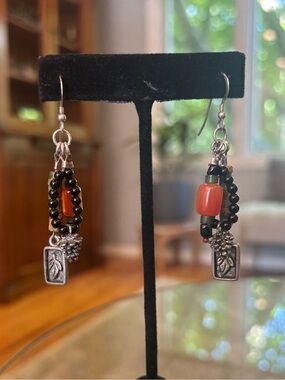 Handcrafted Black and Carnelian  Orange Beaded Dangle Earrings